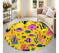 Yellow Round Area Rug 60 cm, Underwater World Fish Octopus Pattern, Washable & Non-Shedding Low Pile Circular Carpet for Kids, Dining Room and Bedroom