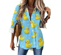 Yellow Rubber Duck And Bubbles Long Sleeve Shirts for Women Irregular Hem Button Down Blouse Loose V Neck Tees Top L