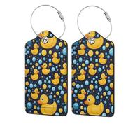 Yellow Rubber Ducks and Bubbles Cute Dark Blue Leather Luggage Tags with Privacy Cover - Stainless Steel Cable Id Holder for Suitcase Travel Bag Briefcase