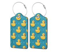 Yellow Rubber Ducks Cartoon Blue Cute Leather Luggage Tags with Privacy Cover - Stainless Steel Cable Id Holder for Suitcase Travel Bag Briefcase