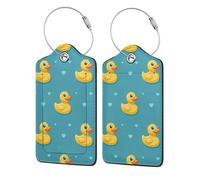 Yellow Rubber Ducks Cartoon Cute Blue Leather Luggage Tags with Privacy Cover - Stainless Steel Cable Id Holder for Suitcase Travel Bag Briefcase