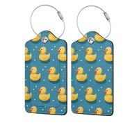 Yellow Rubber Ducks Cute Cartoon Blue Leather Luggage Tags with Privacy Cover - Stainless Steel Cable Id Holder for Suitcase Travel Bag Briefcase