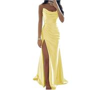 Yellow Satin Mermaid Prom Dresses with Slit for Women Pleated Long Maid of Honor Bridesmaid Dress UK6