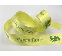 Yellow Satin Ribbon with Green Happy Easter Print 25mm x 1 Metre Cut from roll, Ideal for Easter Gift wrap or Decorations!