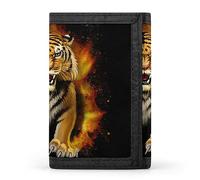 Yellow Scaring Tiger in Burning Flames Fire with Black Background Trifold Wallet, Stylish Purse With Keychain, Credit Pass Case Card-Holder for Crash Bills Receipts Women Men 5 x 3.3 x 0.2 Inch