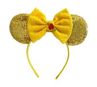 Yellow Sequin Minnie Mouse Inspired Belle Alice Headband With Big 5" Sequin Top Bow & Rose Handmade