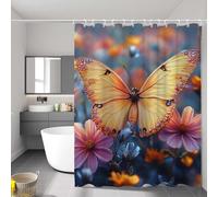 Yellow Shower Curtain, Weighted Shower Curtain for Bathroom, Waterproof | Quick-Drying | Washable Bathroom Curtains with 12 Pcs Hooks, Butterfly Extra Long Curtains, 120 x 200 cm (48 x 80 inch) P-2874