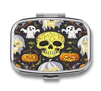 Yellow Skull Pill Case 2 Compartments Travel Pill Organizer for Pocket Small Pill Box Portable Pill Container Metal Medication Holder to Hold Vitamin Fish Oil Supplement