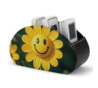 Yellow Smiley Flower Remote Control Holder, TV Remote Caddy Storage Box, Leather Desktop Organizer, PU Pencil Holder, Stationary Organizer for Living Room Office (5 Compartments)