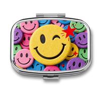 Yellow Star Happy Face Pill Box - 2 Compartment Travel Pill Organizer with Small Mirror, Portable Pillcase for Pocket & Purse, Cute Square Medicine Case, Weekly Medicine Container