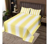 Yellow Stripe Bedspread Double Size, Stripes Lines Patchwork Coverlet Set 3pcs, Abstract Geometric White and Yellow Quilted Coverlet with 2 Pillowcases, Kids Boys Girls Room Decor, Soft Bedding Quilt