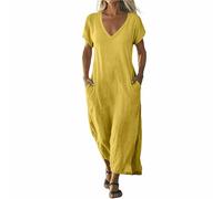 Yellow Summer Dresses for Women UK Casual Summer Party Dresses V Neck Solid Color Short Sleeve Maxi Dress with Pockets Plus Size Loose Swing Boho Beach Sundress Holiday Sundresses Going Out Dailywear