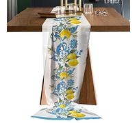 Yellow Summer Lemon Chiffon Table Runner 120 Inches Long, Voile Sheer Tulle Runner for Rustic Wedding Reception Bridal Shower Decorations Birthday Party, Floral Blue Medi-Terranean Pattern