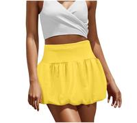 Yellow Summer Skirts for Women UK Elasticated Waist Bubble Mini Skirt Lightweight Solid Plain Ladies Skirts Boho Cute Puff Ruffled Hem Skirt with Short Flowy Puffer for Going Out Date Size L