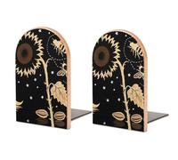 Yellow Sunflower Bumble Bee Black Fall Wood Bookends 1 Pair - 3.1" W X 5" H Non-Skid Book Ends for Shelves, Heavy Duty Wood & Metal Book Stoppers for Home Office Library Desk Organization
