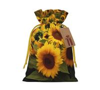 Yellow Sunflower Field Printed Christmas Drawstring Bags,M | Reusable Xmas Gift Storage Bags, Yellow Christmas Ribbon