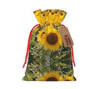 Yellow Sunflower Floral Print Festive Red Drawstring Bag, Small Favors Pouch Ideal For Christmas Party Gifting-S Size
