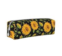 Yellow Sunflower Green Leaves Black Background Pencil Case Leather Simple Zipper Pencil Bag, Color 4, 21 x 5 x 5.5 cm