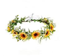 Yellow Sunflower Hair Garland with Green Leaves Daisy Flower Artificial Boho Headpiece for Wedding Party Festival Photo Props