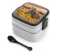 Yellow Sunflower Horse Bento Box with Spoon & Handle - 2 Compartment Leak-Proof Stackable Lunch Box for Adults, BPA-Free Reusable Food Containers for Work, Travel, Picnic