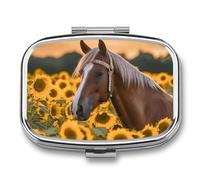 Yellow Sunflower Horse Pill Box Travel Pill Organizer 2 Compartment Weekly Pill Case with Mirror A Day Medicine Container Medicine Organizer for Purse, Pocket, Or Wallet