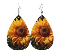 yellow sunflower on a brown background Print Leather Teardrop Earrings - Fashion Earrings Dangle Drop Jewelry, for Women Valentine Gift