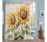 Yellow Sunflower Shower Curtain with 12 Hooks Retro Rustic Flower Floral Watercolor Newspaper Texture Waterproof Fabric Shower Curtains Sets for Bathroom Bath Decorations, Machine Washable, 48"x72"