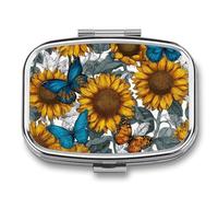 Yellow Sunflowers and Blue Orange Butterflies Pill Box 2 Compartment Portable Medicine Pill Case Travel Pill Organizer for Pocket Purse