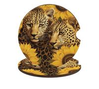 Yellow Sunflowers and Leopard Car Cup Holder Coasters 2-Pack Absorbent Wood & Cork Coasters for Car Cup Holders, Festive Car Accessories for Women & Men