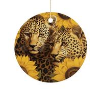 Yellow Sunflowers and Leopard Double-Sided Ceramic Christmas Ornaments - Round Hanging Mini Xmas Tree Decorations, Ideas for Farmers, Rustic Home Decor for Indoor Outdoor Tree Decor