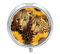 Yellow Sunflowers and Leopard Pill Box - 3 Compartment Travel Pill Organizer with Small Mirror, Portable Pillcase for Pocket & Purse, Cute Round Medicine Case, Weekly Medicine Container