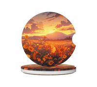 Yellow Sunflowers at Sunset Printed Ceramic Coaster Set 2-Piece Car Coaster Set Suitable for Cup Holders