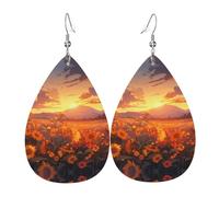 Yellow sunflowers at sunset Printed teardrop-shaped leather earrings | High-end design, light luxury earrings