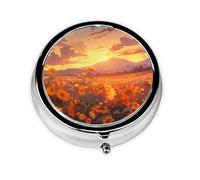 Yellow Sunflowers at Sunset This Small, Round, Three-Compartment Travel Pill Box is Perfect for Storing Daily medications, Vitamins, and on-The-go.