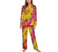 Yellow Sunflowers Butterfly Long Sleeve Pajama Sets for Women Classic Sleepwear Nightwear Soft Pjs Lounge Sets