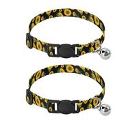 Yellow Sunflowers Green Leaf Black Lightweight Pet Collar for Cats and Dogs, 2 Pack Small Dog Collar with Bell