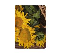Yellow Sunflowers Green Leaves On Brwon Wood Genuine Leather Travel Passport Covers, Microfiber Travel Cards Wallet Holder Case Protector for Women and Men