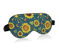Yellow Sunflowers Green Leaves Sun Butterflies On Dark Blue Eye Masks Cover Blocks Light Sleep Mask Shade Cover Blindfold Relaxing Eyeshade Cover with Adjustable Head Strap for Men Women Kids