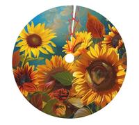 Yellow Sunflowers Printed Christmas Tree Skirt 36 inch, Double Layers Xmas Tree Skirts Base Floor Mat for Holiday Party Decoration Ornaments