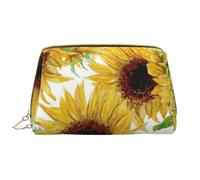 Yellow Sunflowers Printed Leather Makeup Bag for Women Girls - Portable Travel Cosmetic Organiser Toiletry Bag