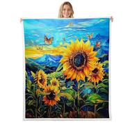 Yellow Sunflowers Throw Blanket Country Rustic Style Natural Scenery Fleece Blanket for Kids Teens Adults Wild Butterfly Oil Painting Style Bed Blanket for Living Room 40x50