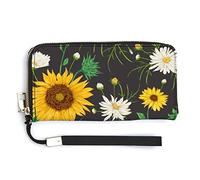 Yellow Sunflowers White Chamomile Flowers with Green Leaves on Dark Long Clutch Wallet, Long Handbag with Removable Wristlet Strap, PU Leather Zip Purse, Credit Pass Case Card-Holder for Men Women