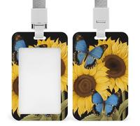 Yellow Sunflowers with Blue Butterflies Badge Holder with Lanyard, Vertical ABS Plastic ID Card Holder Fashion Name Badge Holders Office ID Card Protector for Teacher Nurse Employee Security Staff