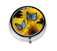 Yellow Sunflowers with Blue Butterflies Pill Box Metal Round Small Pill Case Cute 3 Compartment Pill Organizer Portable Travel Pillbox Mini Pill Container Holder for Daily Medicine Supplement Vitamin
