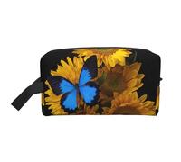 Yellow Sunflowers with Blue Butterflies Portable Travel Toiletry Bag Cosmetic Storage Bag with Zip Business Gym Bathroom Holiday