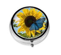 Yellow Sunflowers with Blue Butterflies Print Pill Box, Round Pill Organizer, 3 Compartment Small Pill Case for Purse & Pocket, Portable Medicine Box, Travel Pill Case