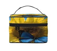 Yellow Sunflowers with Blue Butterflies -Print Waterproof Large Cosmetic Bag for Travel & Gym, Makeup Organizer with 4 Elastic Straps & Compartments,Premium Twill Fabric.