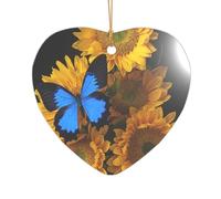 Yellow Sunflowers with Blue Butterflies Printed Heart Shape Xmas Ornaments 1PCS, Christmas Acrylic Pendant Hanging for Xmas Tree Home Indoor Outdoor Decor 1