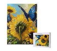 Yellow Sunflowers with Blue Butterflies Printed Jigsaw Puzzle with Storage Box, Wooden Puzzle for Adults and Kids, 500 Pieces Family Fun Decorative Game