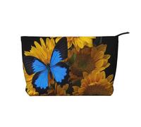 Yellow Sunflowers with Blue Butterflies Printed Make up Bag for Women Corduroy Makeup Bags Zipper Travel Cosmetic Bags Pouch Organizer